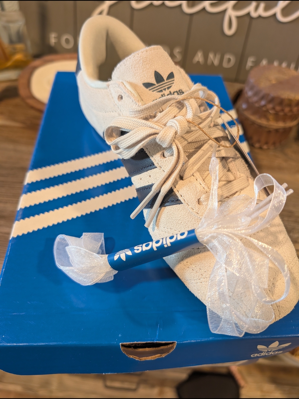 Adidas Kids Suede Sneaker in Off-White with Navy Stripes